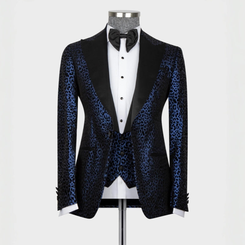 Fashion Navy Blue Jacquard Peaked Lapel 3 Piece Prom Suit