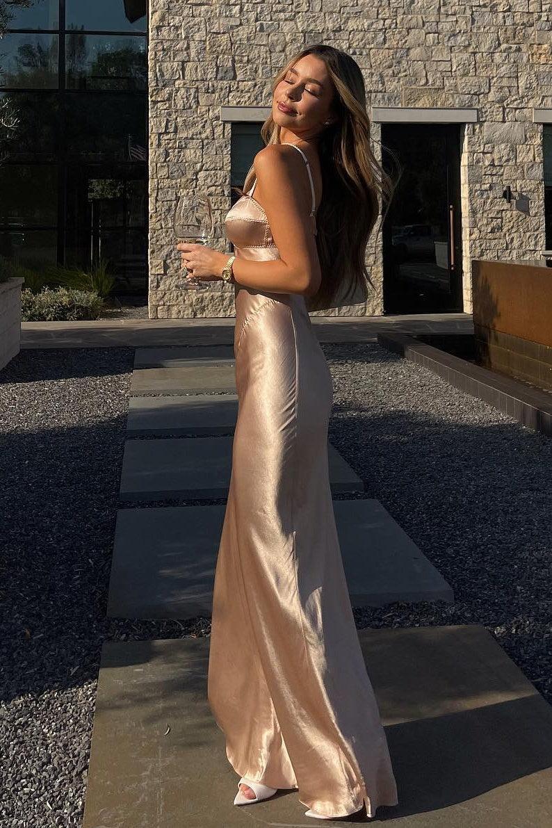 Fashionable Mermaid Spaghetti Straps Champagne Party Dress With Open Back Formal Evening Gown
