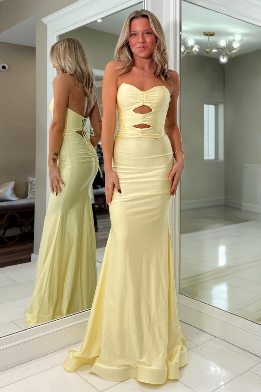 Dreamyannie Fashionable Mermaid Sweetheart Yellow Long Prom Dress With Keyhole Criss Cross Back Formal Evening Gown