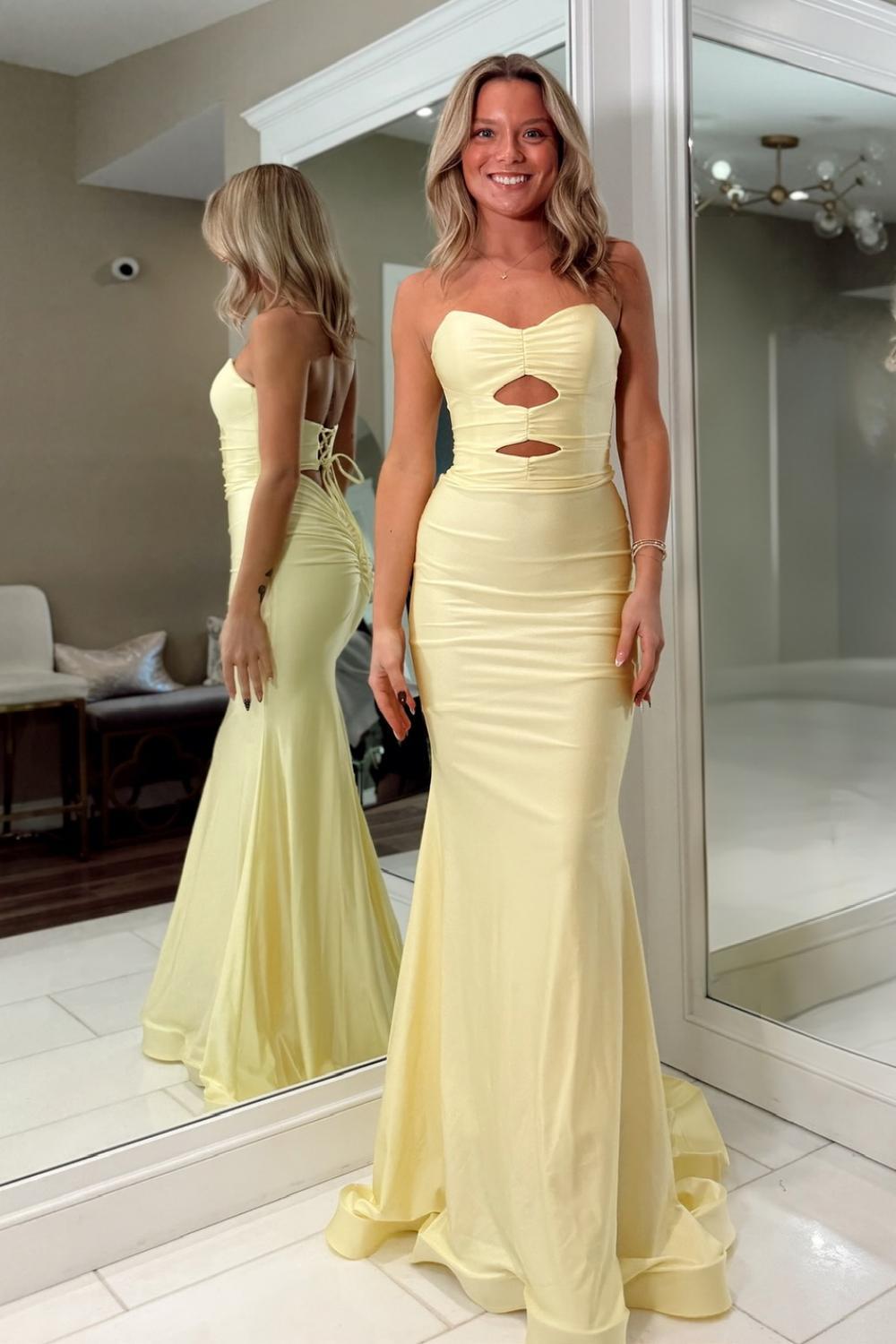 Dreamyannie Fashionable Mermaid Sweetheart Yellow Long Prom Dress With Keyhole Criss Cross Back Formal Evening Gown