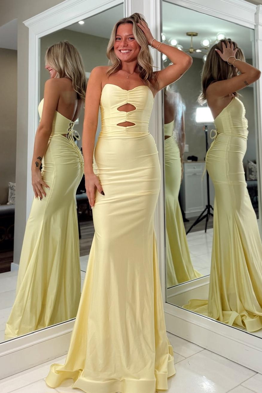 Dreamyannie Fashionable Mermaid Sweetheart Yellow Long Prom Dress With Keyhole Criss Cross Back Formal Evening Gown