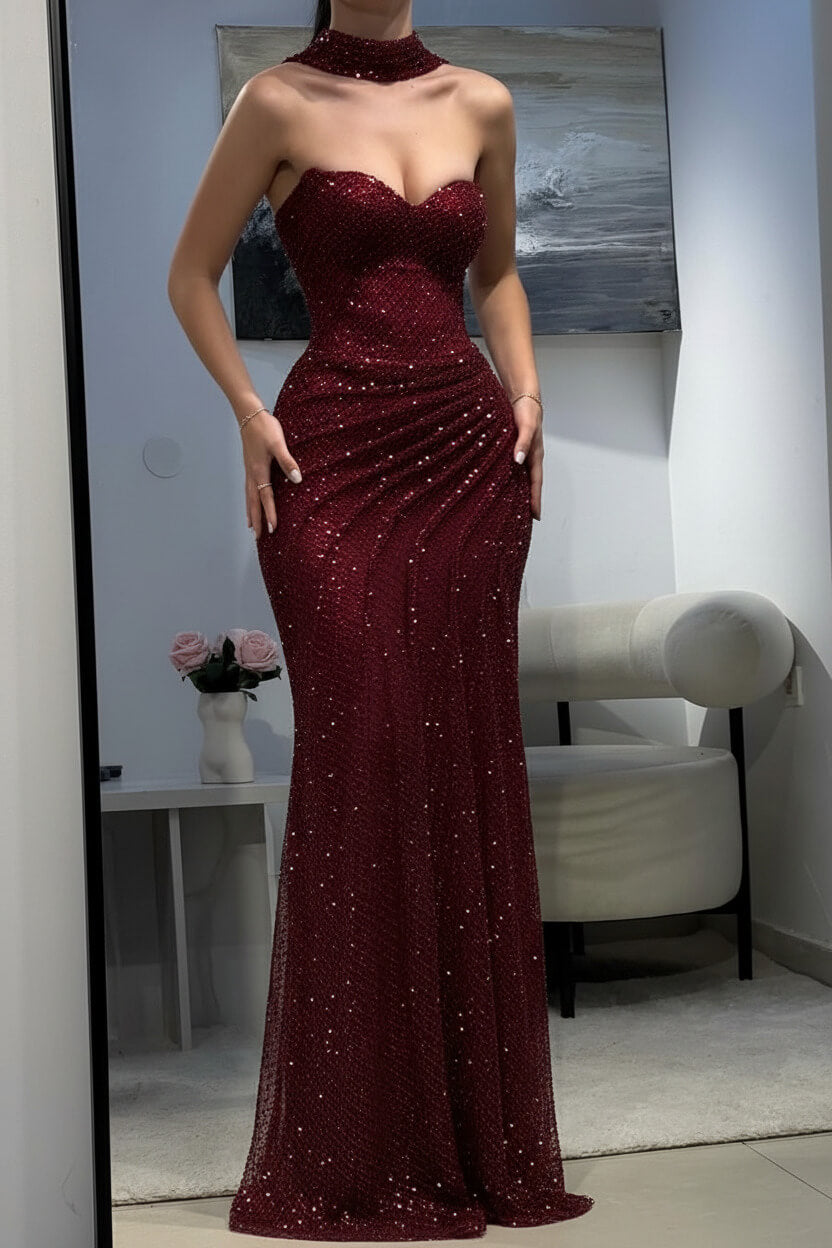 Fitted Dark Blue Halter Evening Gown With Ruched Detailing And Scarf Formal Evening Gown