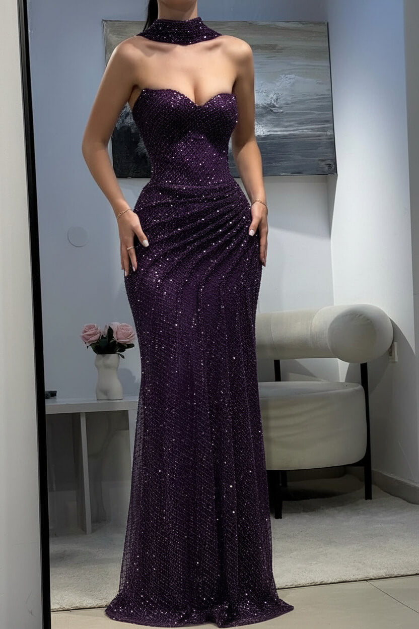Fitted Dark Blue Halter Evening Gown With Ruched Detailing And Scarf Formal Evening Gown