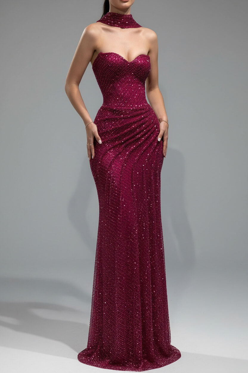 Fitted Dark Blue Halter Evening Gown With Ruched Detailing And Scarf Formal Evening Gown