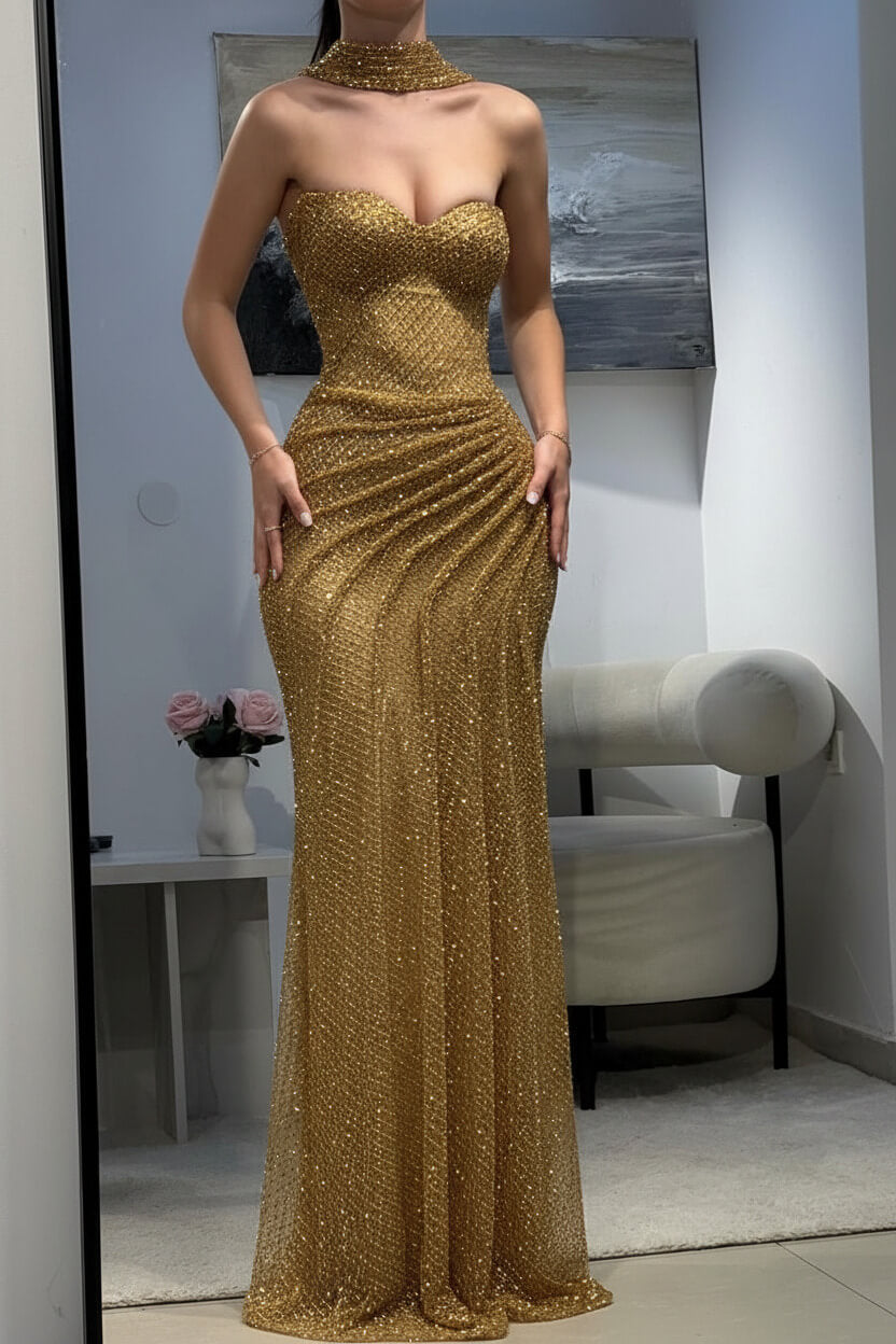 Fitted Dark Blue Halter Evening Gown With Ruched Detailing And Scarf Formal Evening Gown