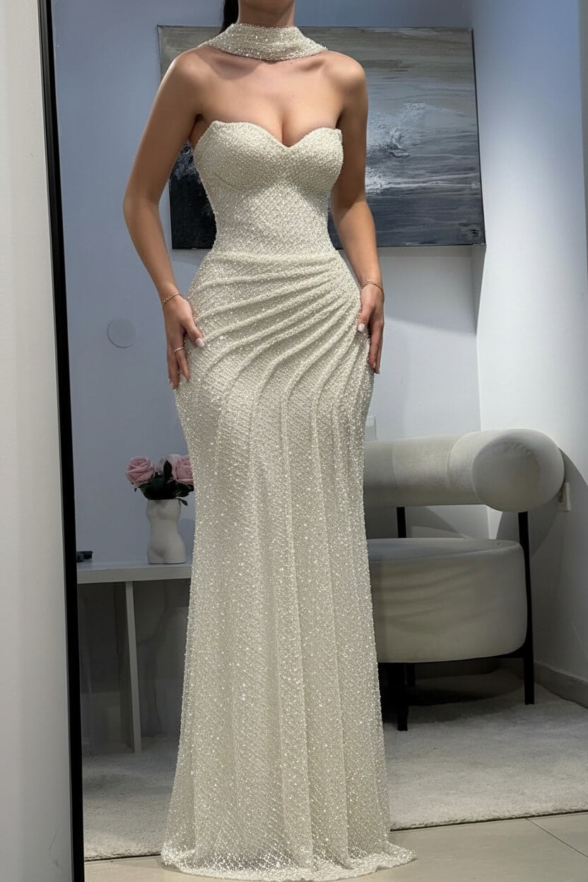 Fitted Dark Blue Halter Evening Gown With Ruched Detailing And Scarf Formal Evening Gown