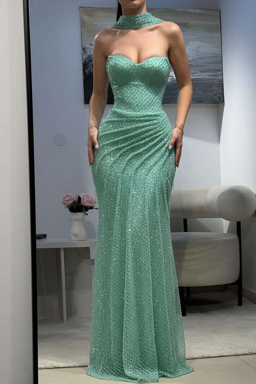 Fitted Dark Blue Halter Evening Gown With Ruched Detailing And Scarf Formal Evening Gown
