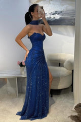 Fitted Dark Blue Halter Evening Gown With Ruched Detailing And Scarf Formal Evening Gown