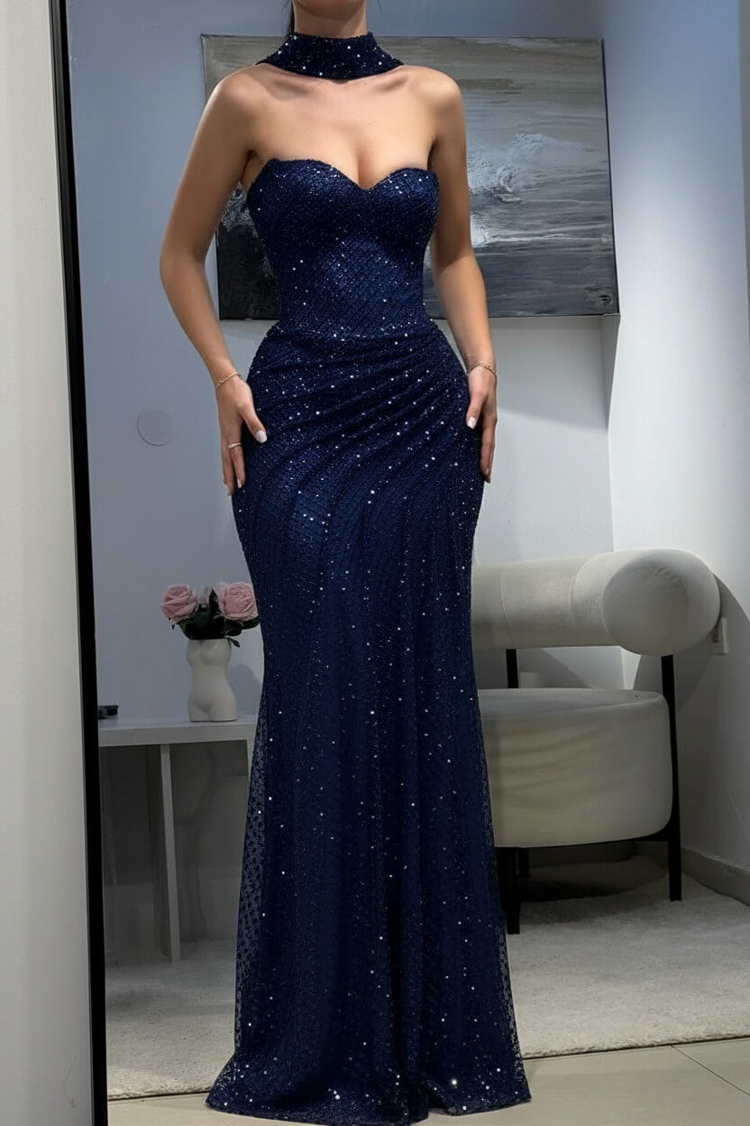 Fitted Dark Blue Halter Evening Gown With Ruched Detailing And Scarf Formal Evening Gown