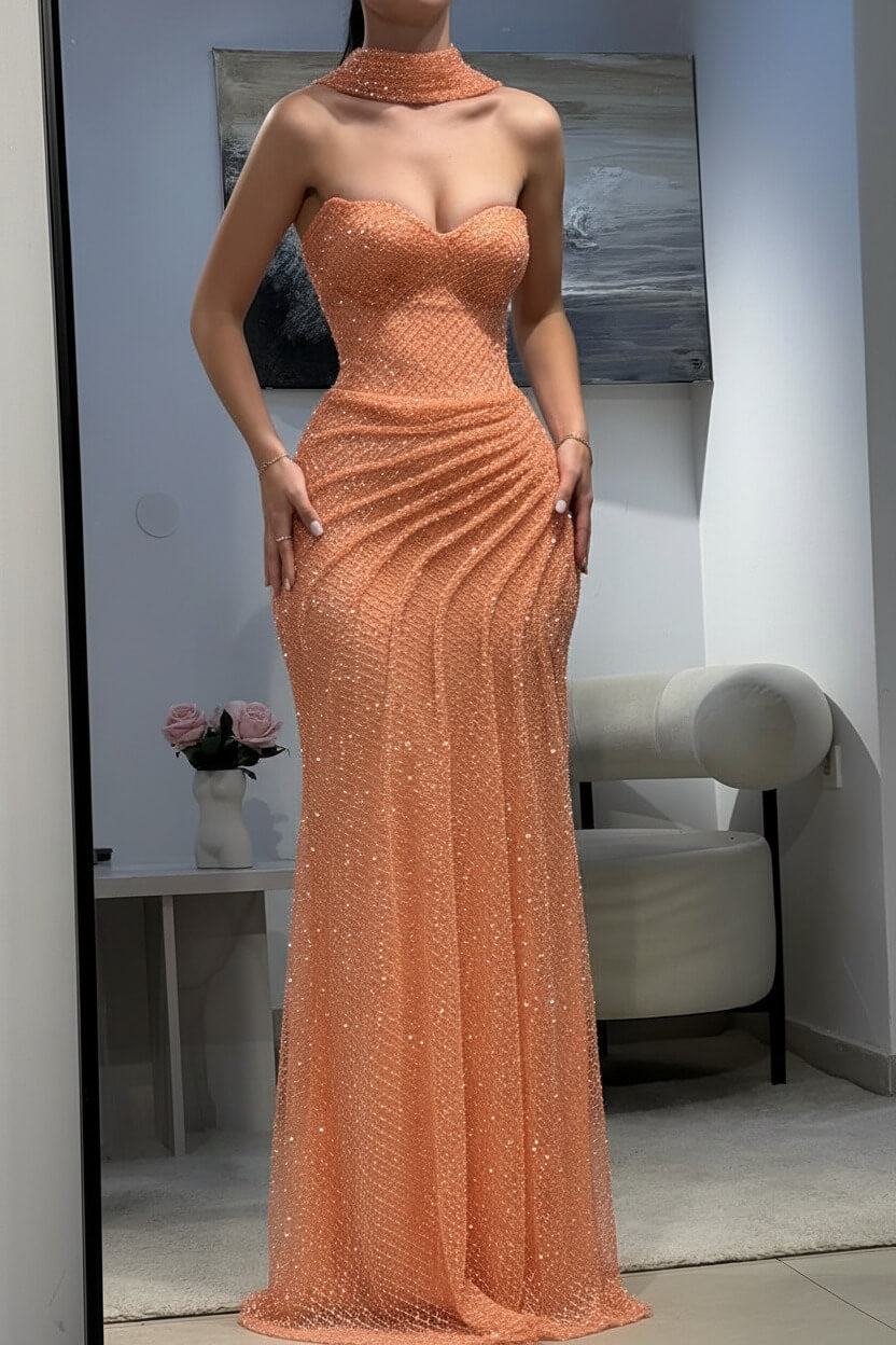 Fitted Dark Blue Halter Evening Gown With Ruched Detailing And Scarf Formal Evening Gown
