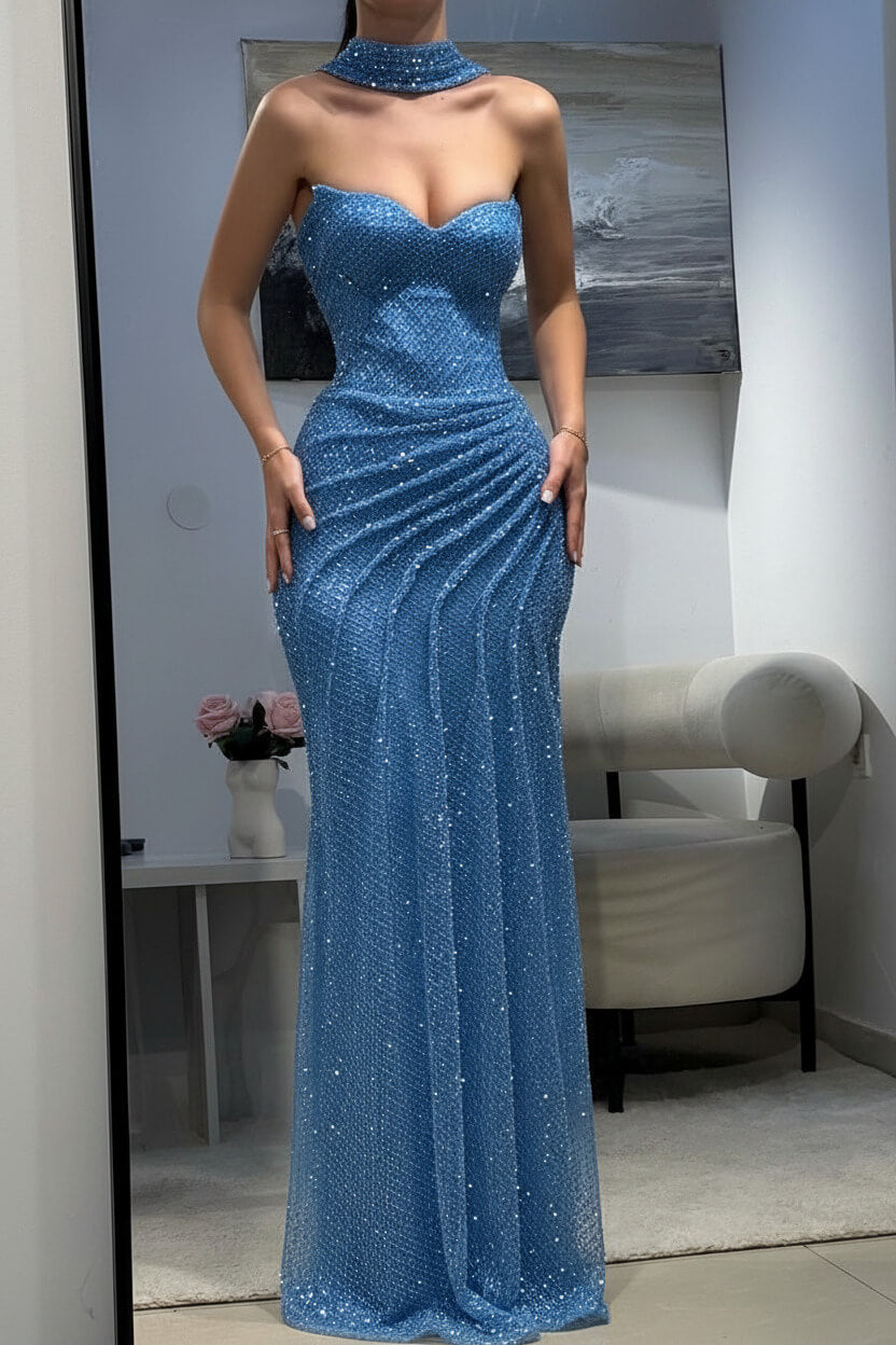 Fitted Dark Blue Halter Evening Gown With Ruched Detailing And Scarf Formal Evening Gown