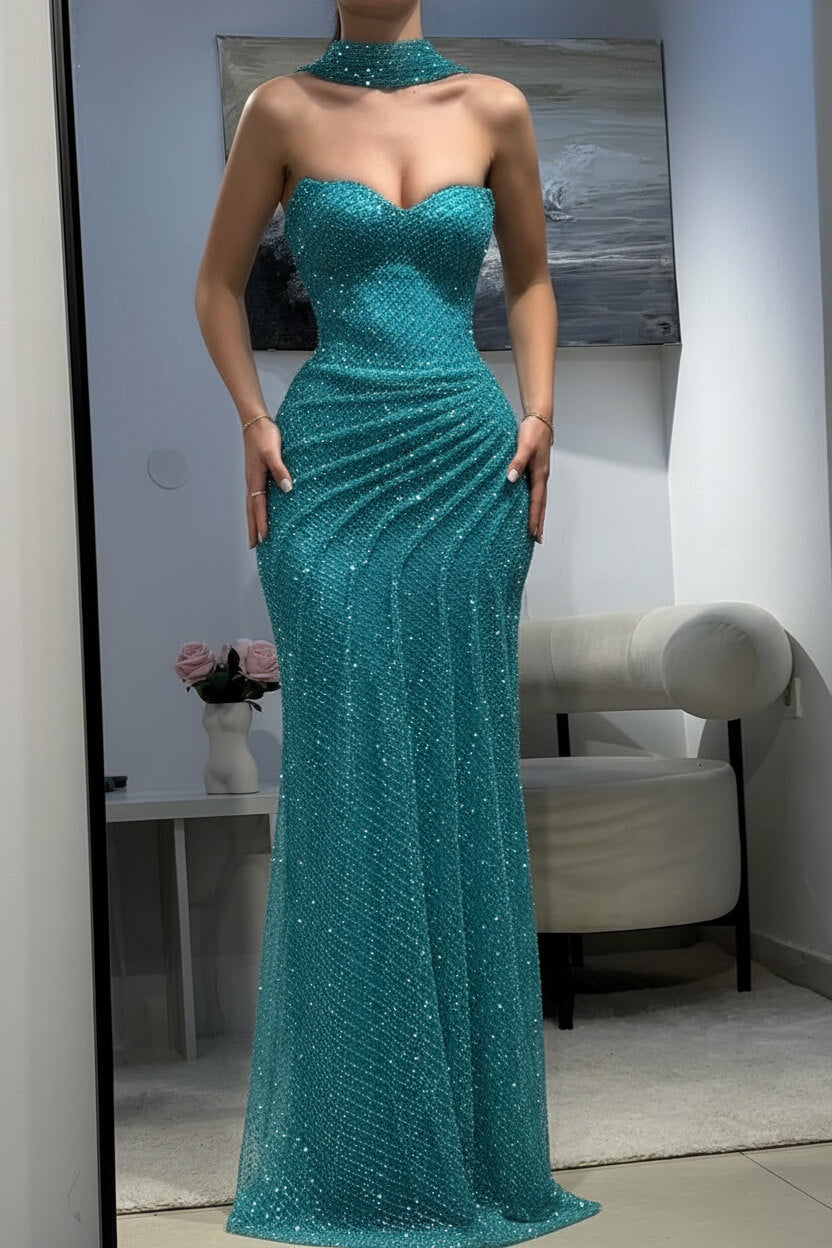 Fitted Dark Blue Halter Evening Gown With Ruched Detailing And Scarf Formal Evening Gown