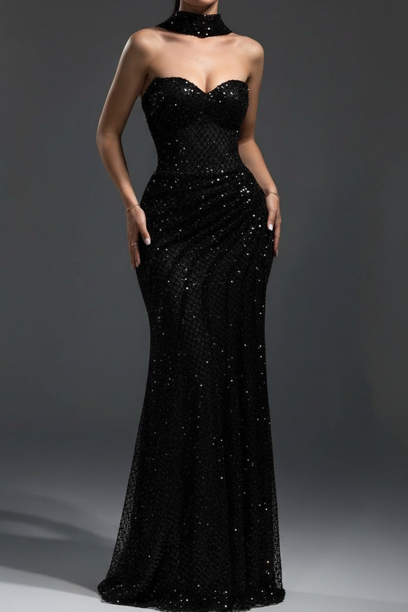 Fitted Dark Blue Halter Evening Gown With Ruched Detailing And Scarf Formal Evening Gown
