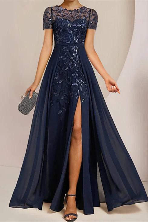 Floor-Length A-Line Mother of the Bride Dress with Scoop Neckline Side Split and Sequined Ruffles