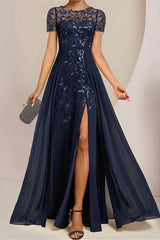 Floor-Length A-Line Mother of the Bride Dress with Scoop Neckline Side Split and Sequined Ruffles