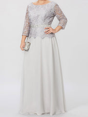Floor-Length A-Line Princess Gown with Round Neck and 3/4 Sleeves Embellished with Applique & Sequins