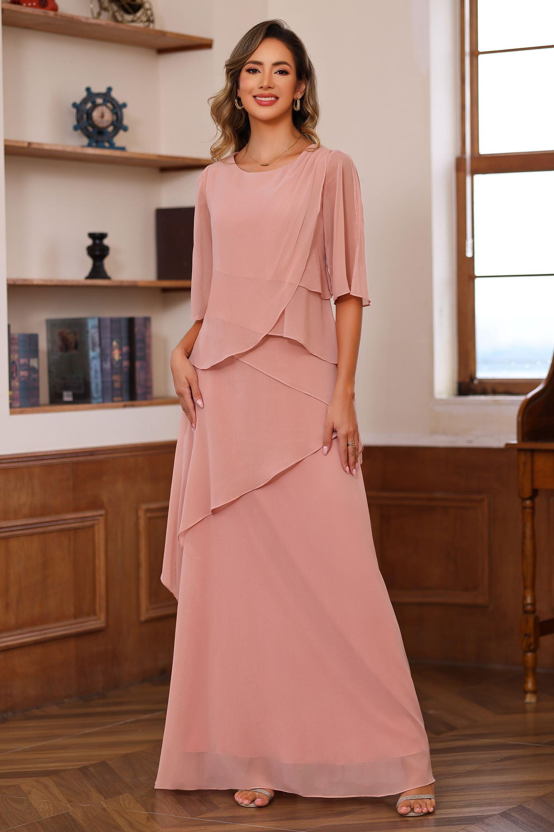 Floor-Length A-Line Princess Gown with Scoop Neck and Ruffled Half Sleeves
