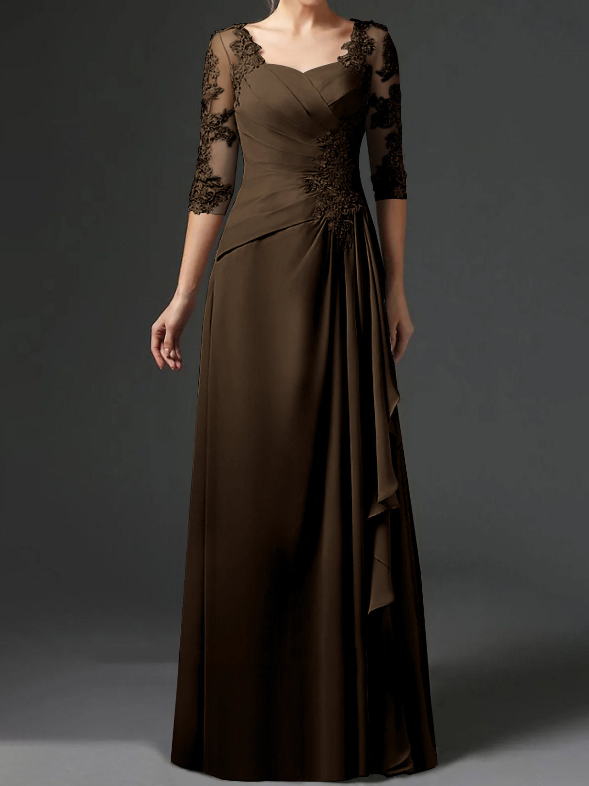 Floor-Length A-Line Princess Gown with Square Neck and Half Sleeves