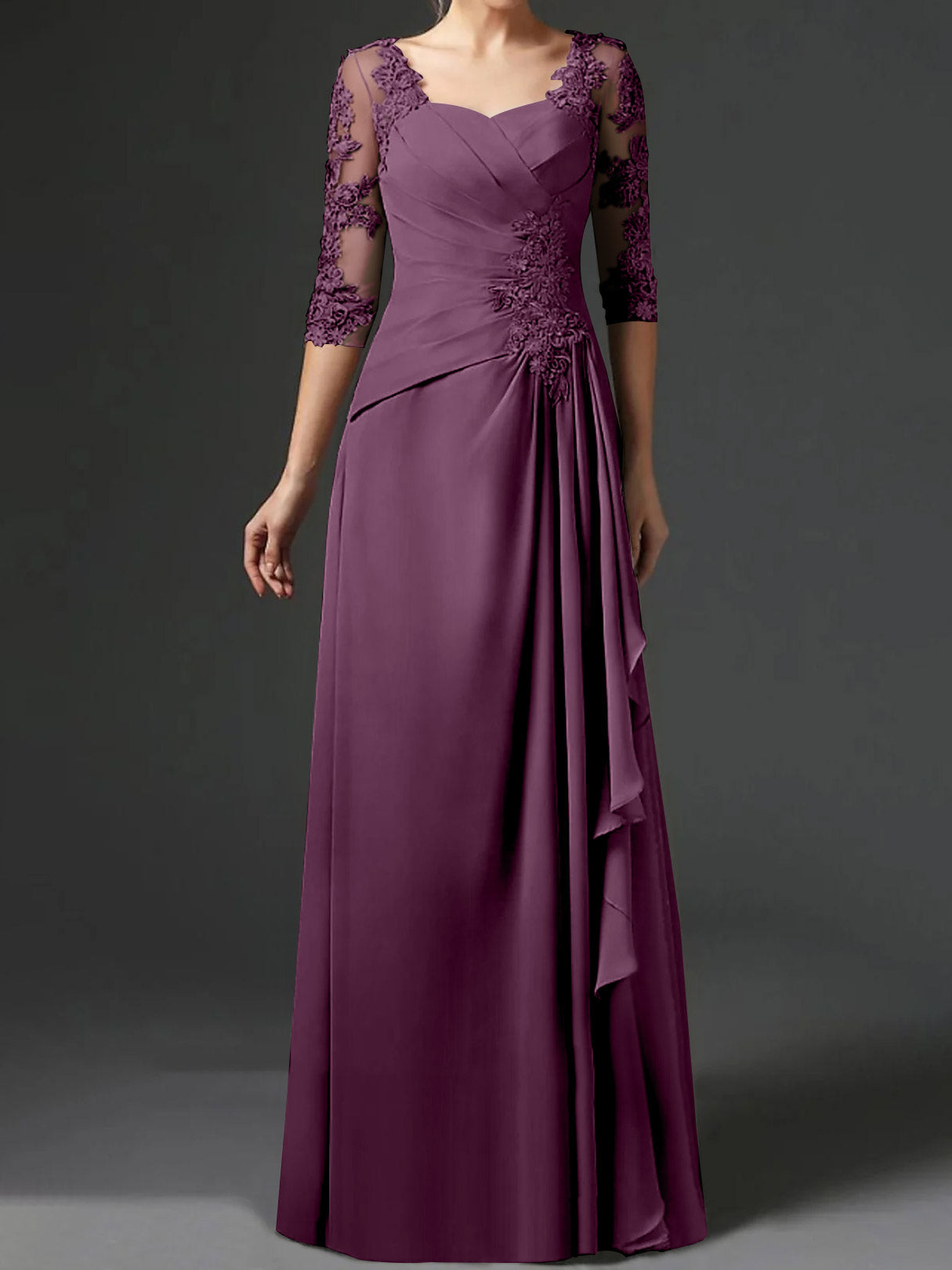 Floor-Length A-Line Princess Gown with Square Neck and Half Sleeves