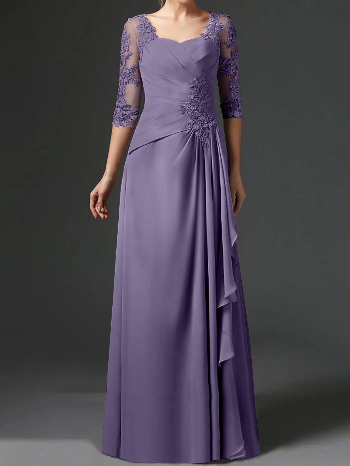 Floor-Length A-Line Princess Gown with Square Neck and Half Sleeves