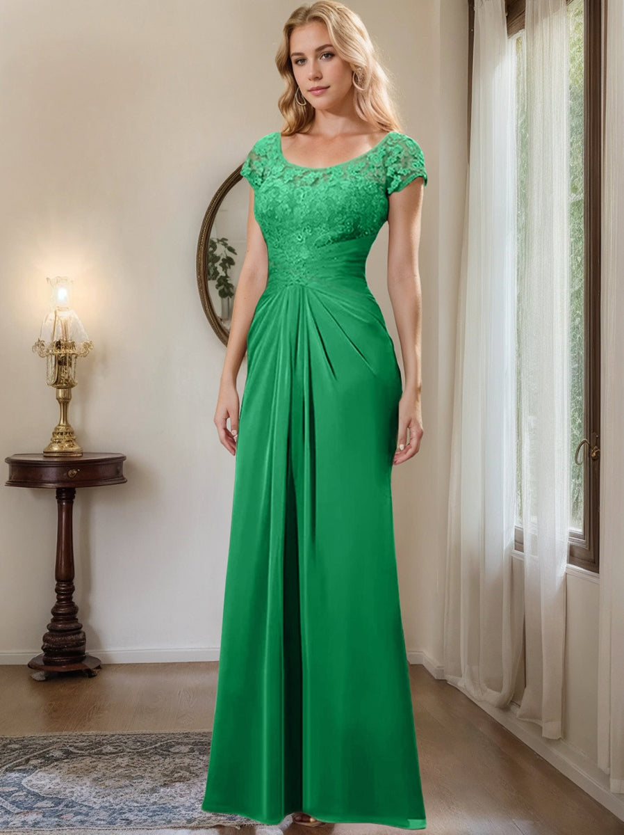 Floor-Length Chiffon Mother of the Bride Dress with Lace Ruffle and Sheath/Column Scoop