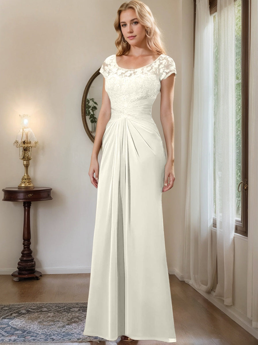 Floor-Length Chiffon Mother of the Bride Dress with Lace Ruffle and Sheath/Column Scoop