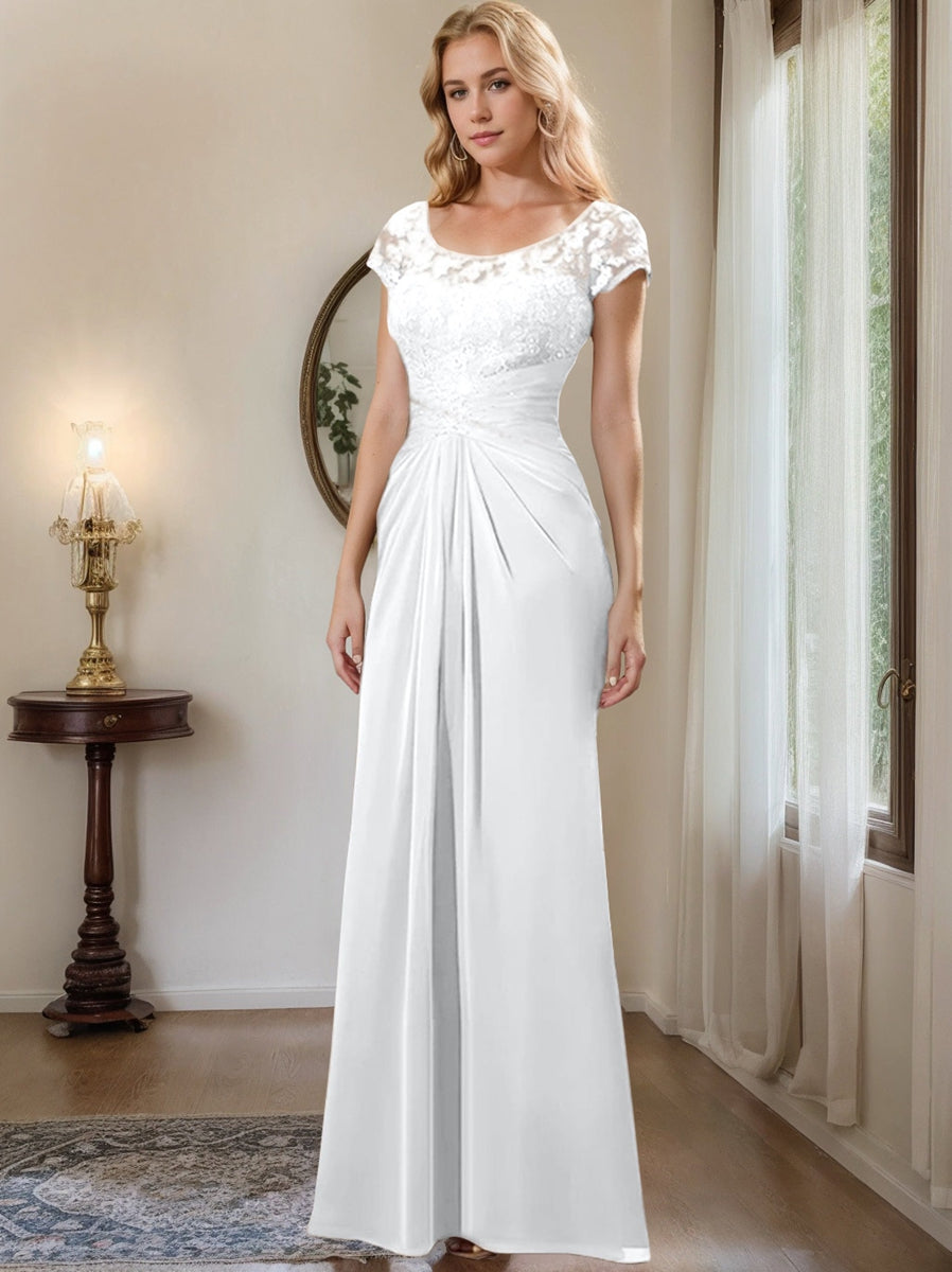 Floor-Length Chiffon Mother of the Bride Dress with Lace Ruffle and Sheath/Column Scoop
