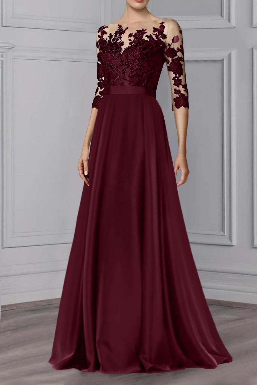 Floor-Length Mother of the Bride A-Line Dress with Jewel Neck and 3/4 Sleeves