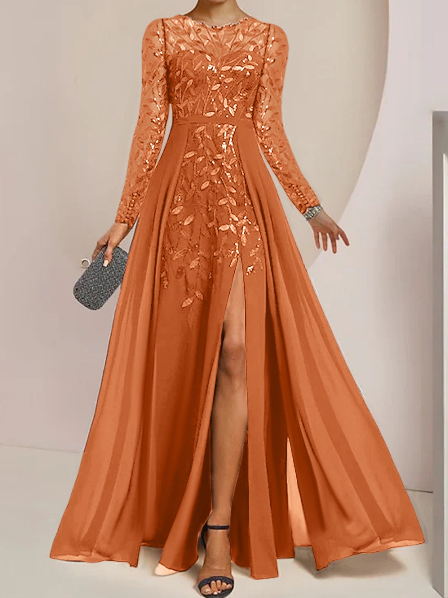 Floor-Length Mother of the Bride A-Line Dress with Scoop Neck Long Sleeves Side Split Ruffles and Sequins
