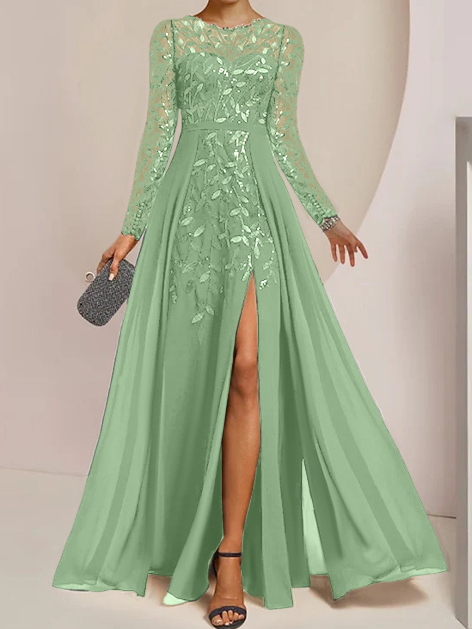 Floor-Length Mother of the Bride A-Line Dress with Scoop Neck Long Sleeves Side Split Ruffles and Sequins