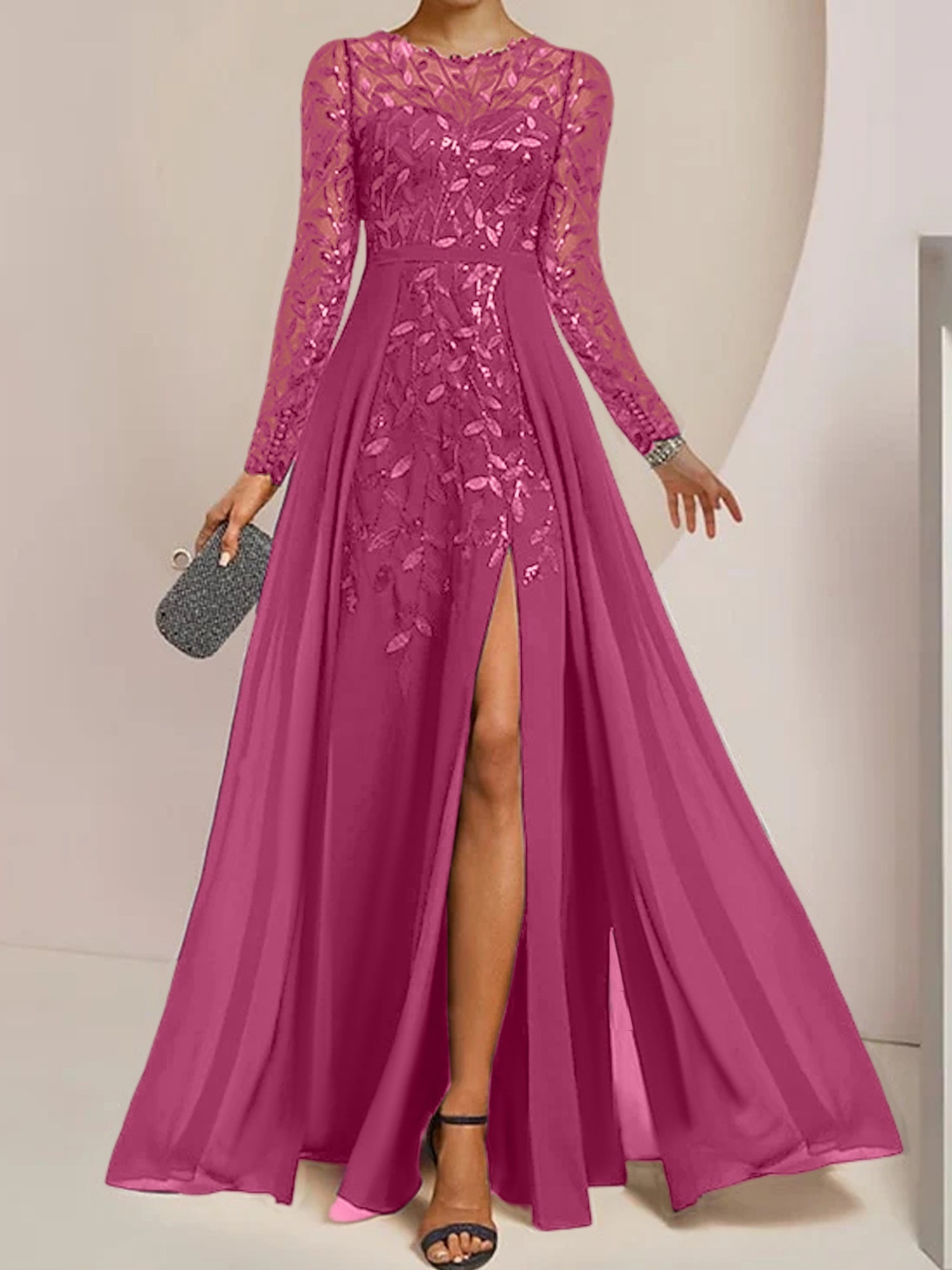 Floor-Length Mother of the Bride A-Line Dress with Scoop Neck Long Sleeves Side Split Ruffles and Sequins