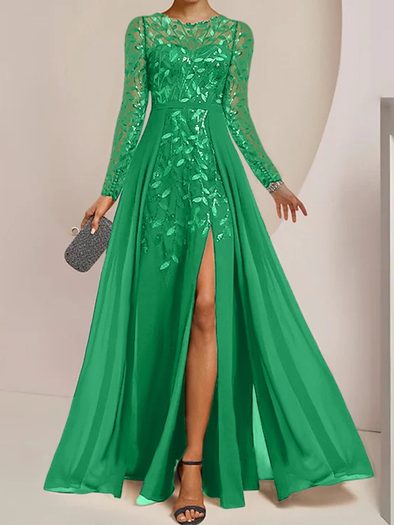 Floor-Length Mother of the Bride A-Line Dress with Scoop Neck Long Sleeves Side Split Ruffles and Sequins
