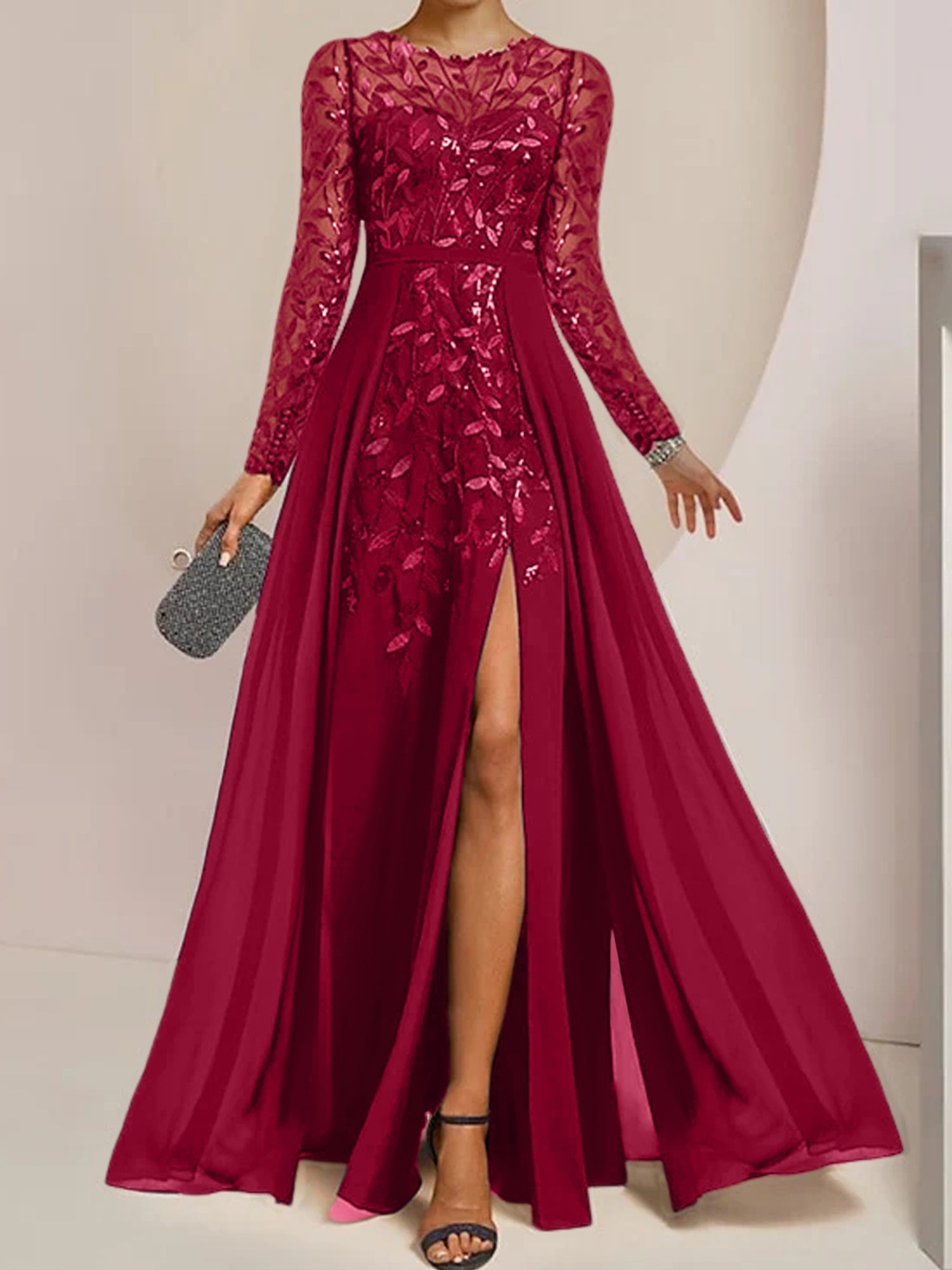 Floor-Length Mother of the Bride A-Line Dress with Scoop Neck Long Sleeves Side Split Ruffles and Sequins