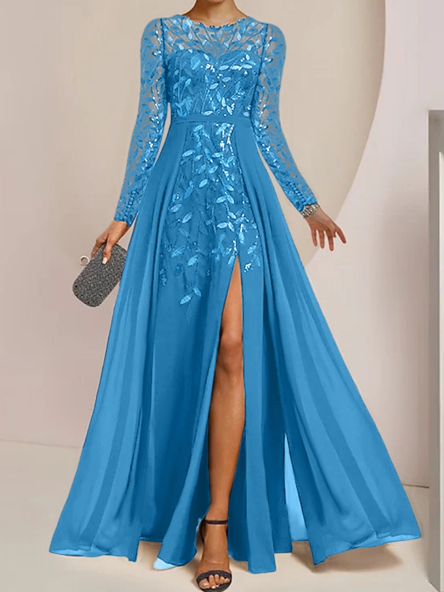 Floor-Length Mother of the Bride A-Line Dress with Scoop Neck Long Sleeves Side Split Ruffles and Sequins