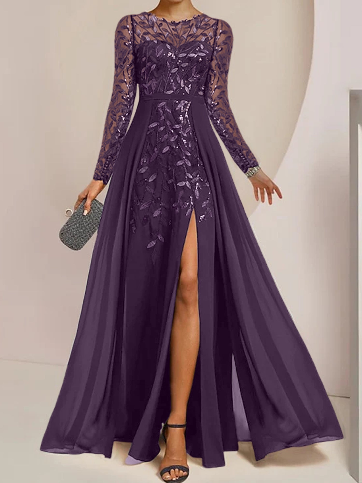 Floor-Length Mother of the Bride A-Line Dress with Scoop Neck Long Sleeves Side Split Ruffles and Sequins