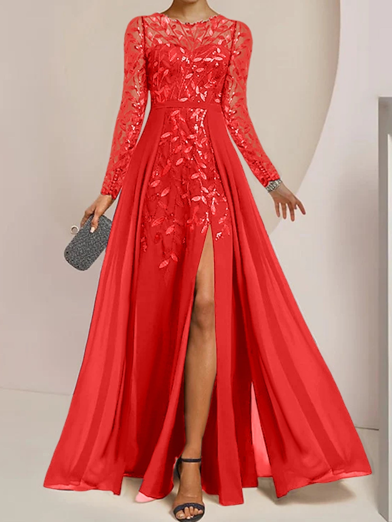 Floor-Length Mother of the Bride A-Line Dress with Scoop Neck Long Sleeves Side Split Ruffles and Sequins