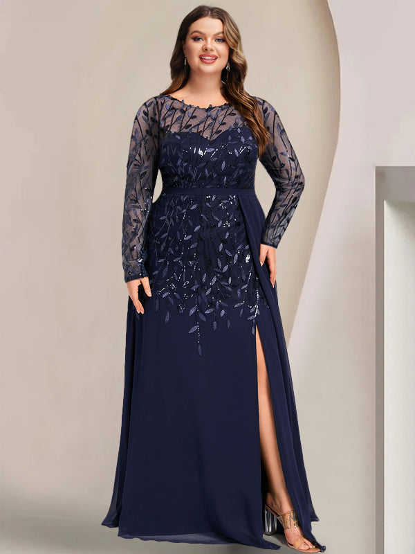Floor-Length Mother of the Bride A-Line Dress with Scoop Neck Long Sleeves Side Split Ruffles and Sequins