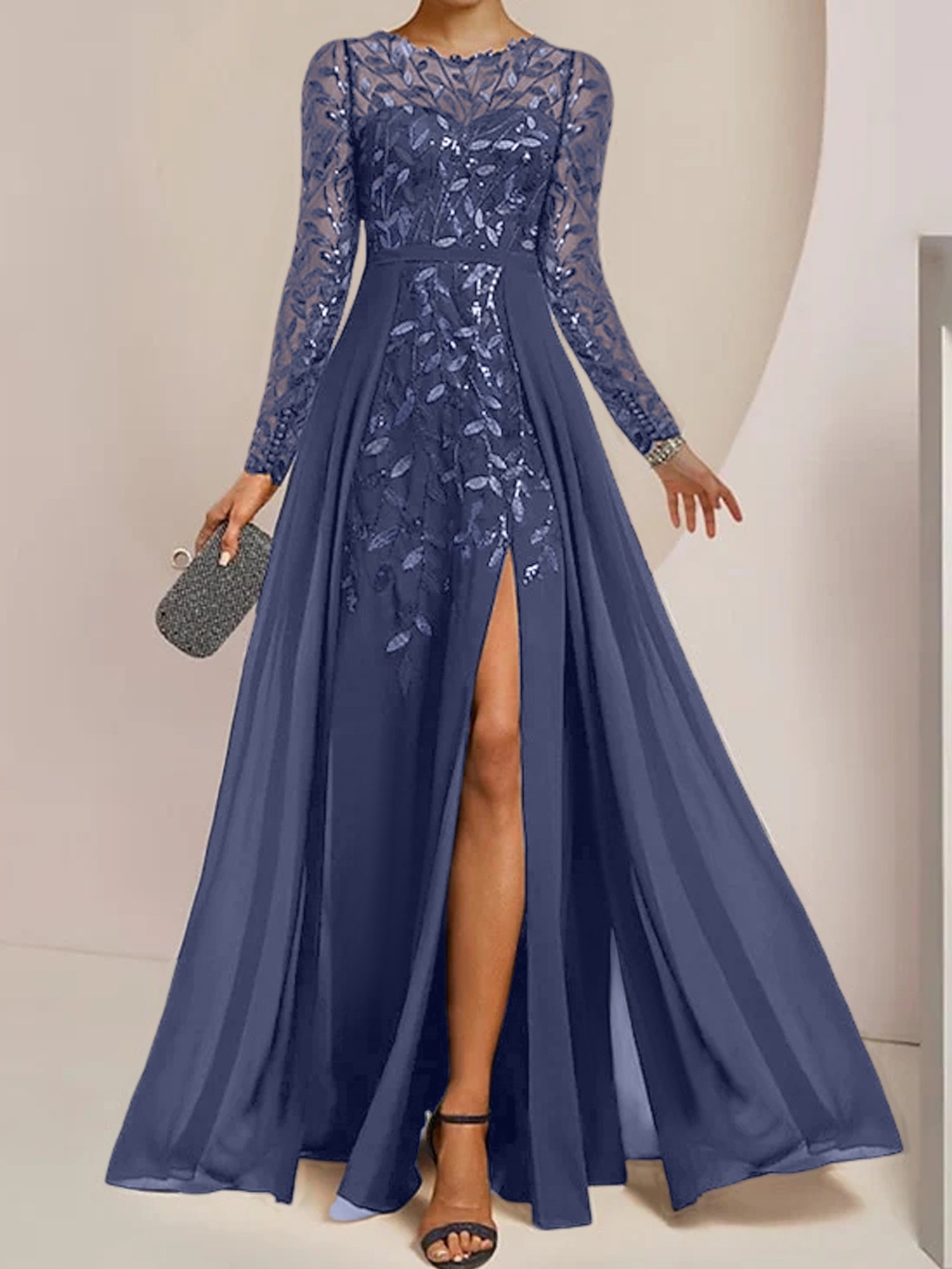 Floor-Length Mother of the Bride A-Line Dress with Scoop Neck Long Sleeves Side Split Ruffles and Sequins