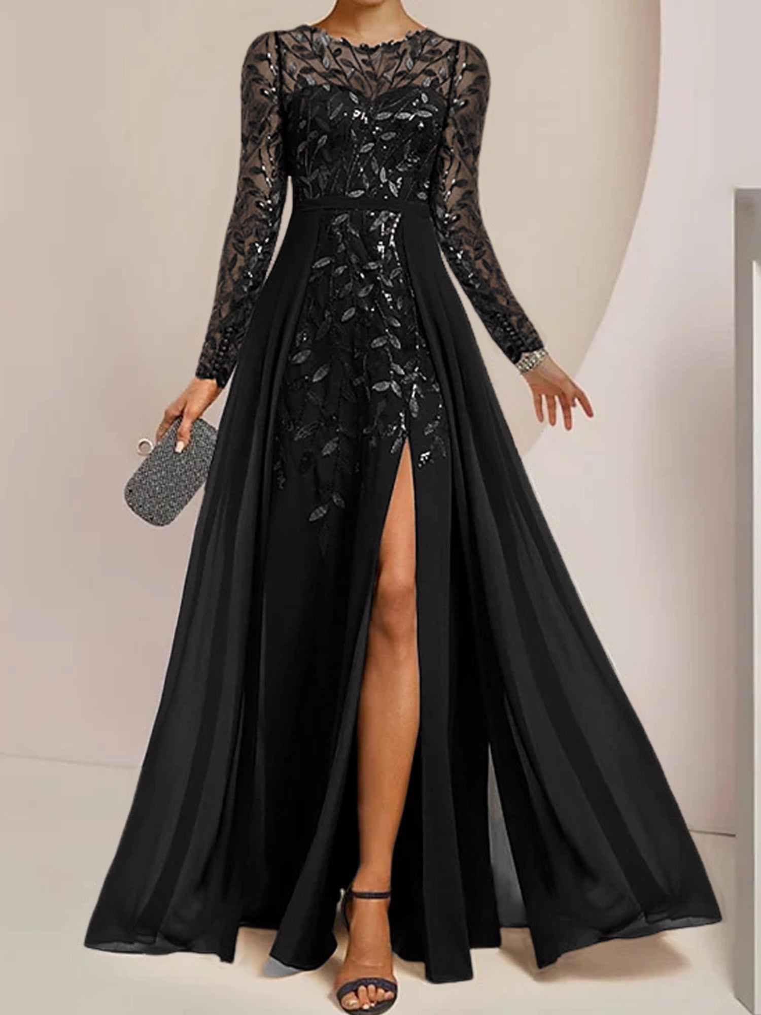Floor-Length Mother of the Bride A-Line Dress with Scoop Neck Long Sleeves Side Split Ruffles and Sequins