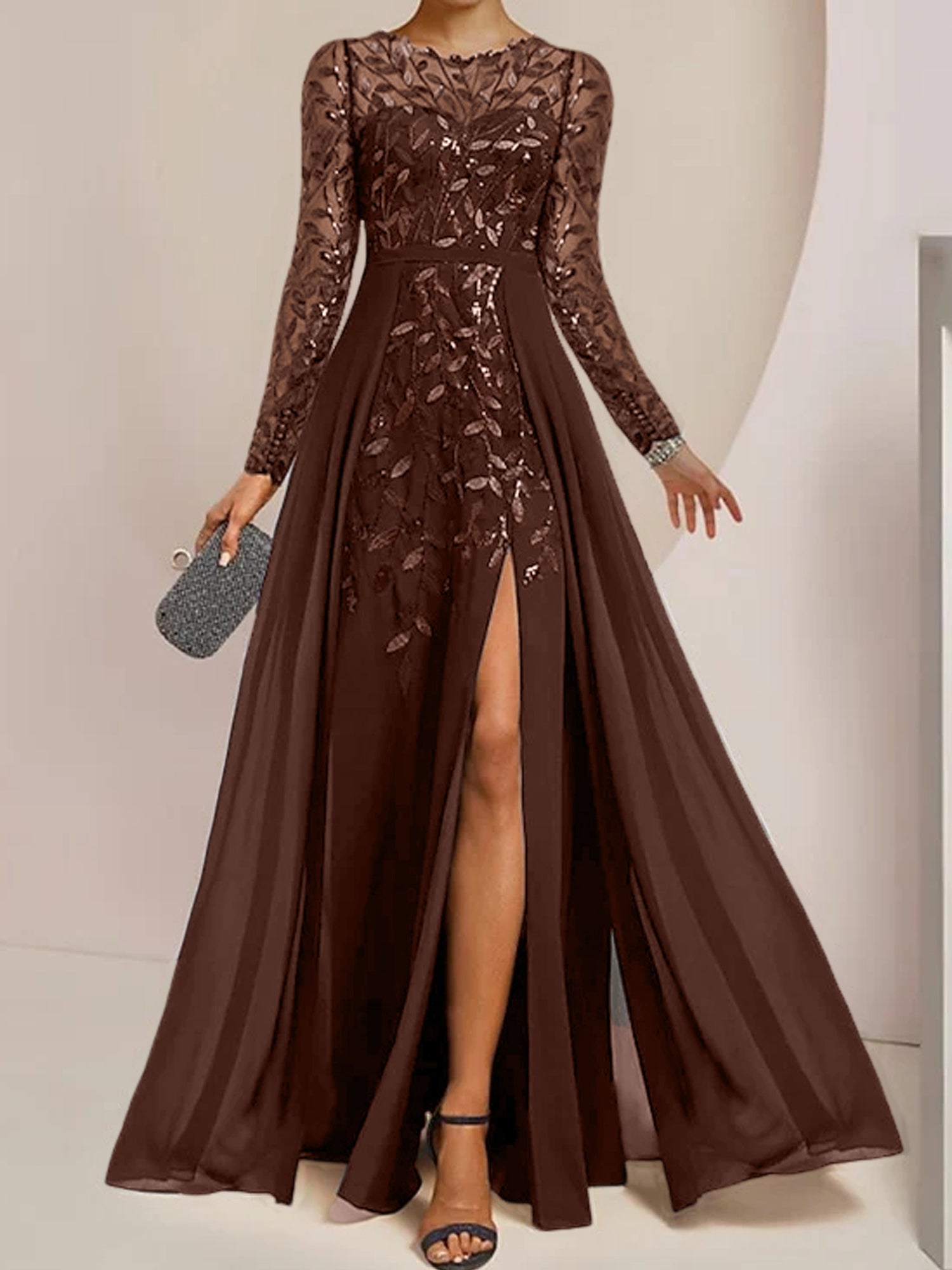 Floor-Length Mother of the Bride A-Line Dress with Scoop Neck Long Sleeves Side Split Ruffles and Sequins