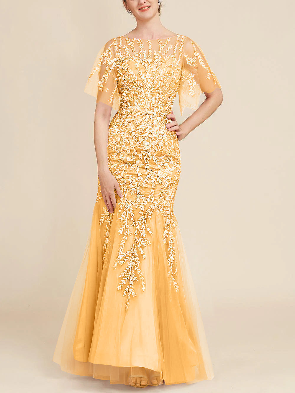 Floor-Length Mother of the Bride Lace Dresses with Trumpet/Mermaid Scoop Half Sleeves