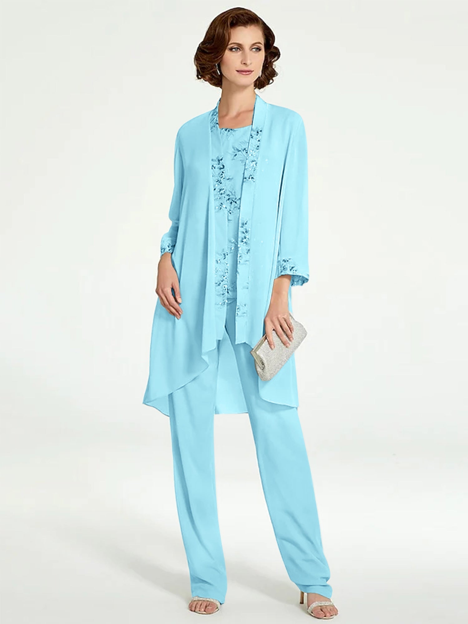 Floor-Length Round Neck Chiffon Pantsuits with Jacket for the Mother of the Bride