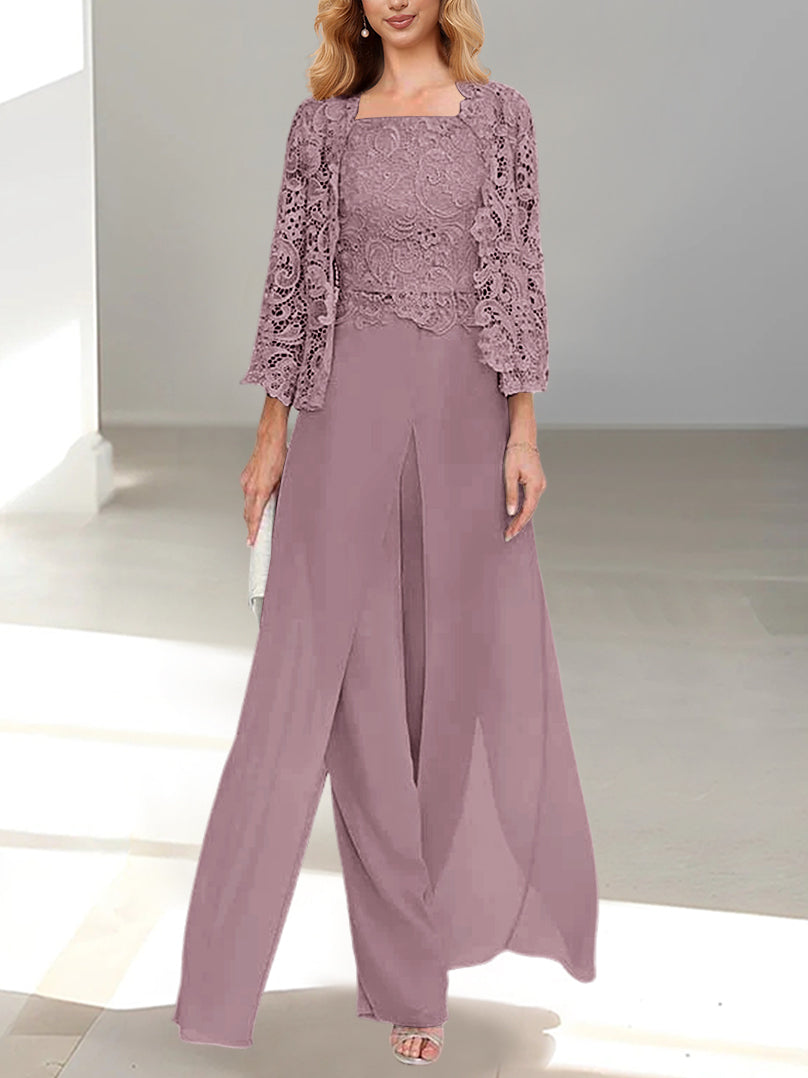 Floor-Length Square Neck Chiffon Mother of the Bride Pantsuit with Jacket & Side Split