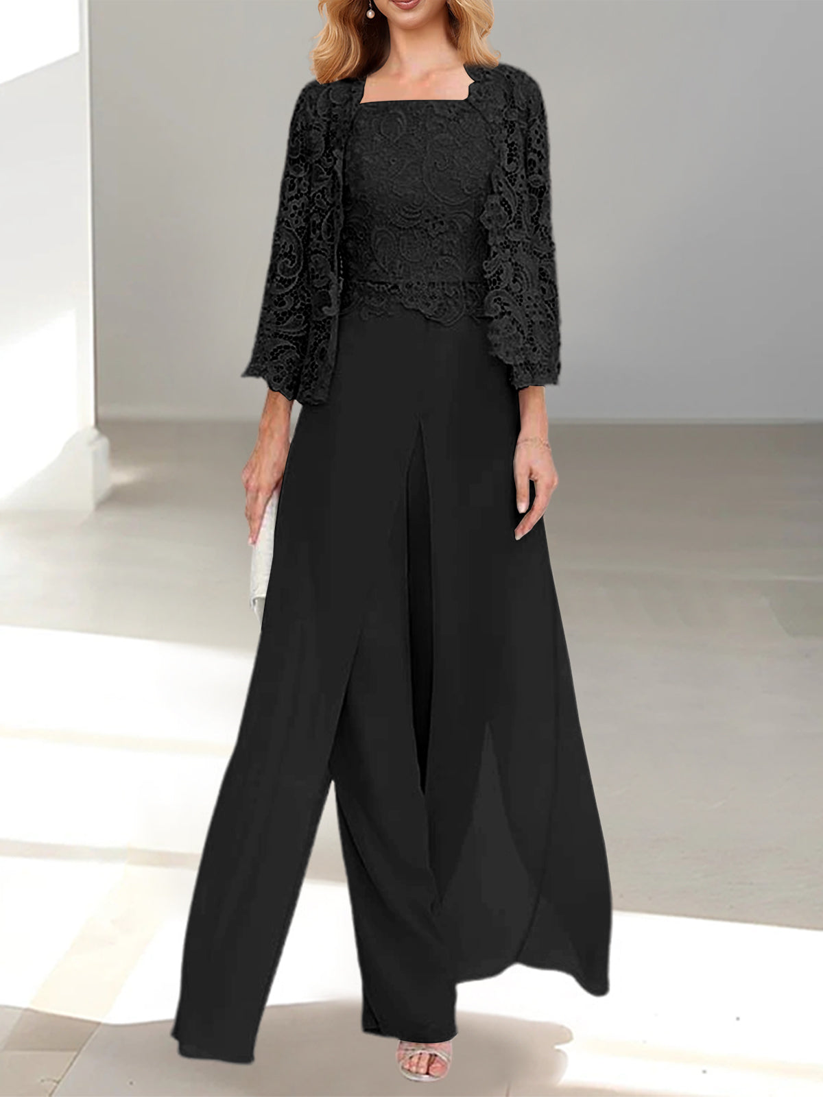 Floor-Length Square Neck Chiffon Mother of the Bride Pantsuit with Jacket & Side Split