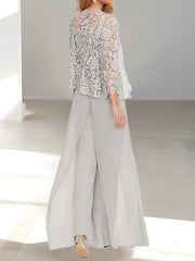 Floor-Length Square Neck Chiffon Mother of the Bride Pantsuit with Jacket & Side Split