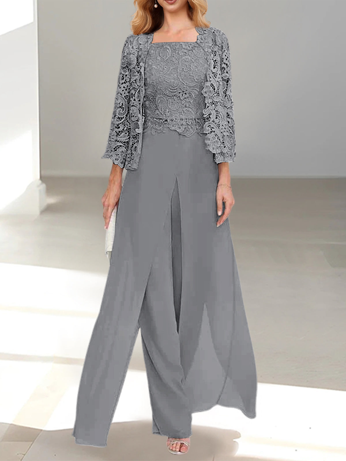 Floor-Length Square Neck Chiffon Mother of the Bride Pantsuit with Jacket & Side Split