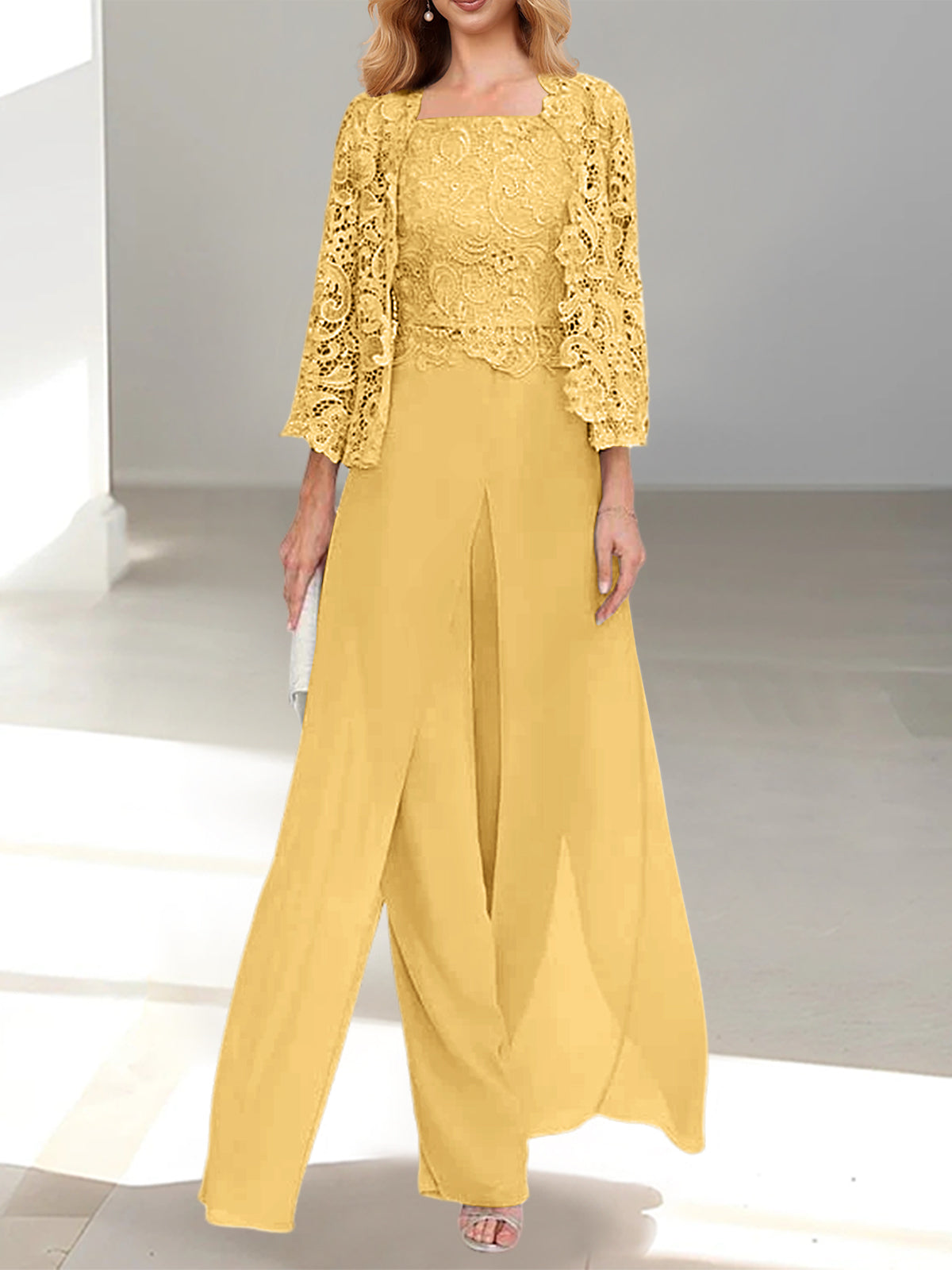 Floor-Length Square Neck Chiffon Mother of the Bride Pantsuit with Jacket & Side Split