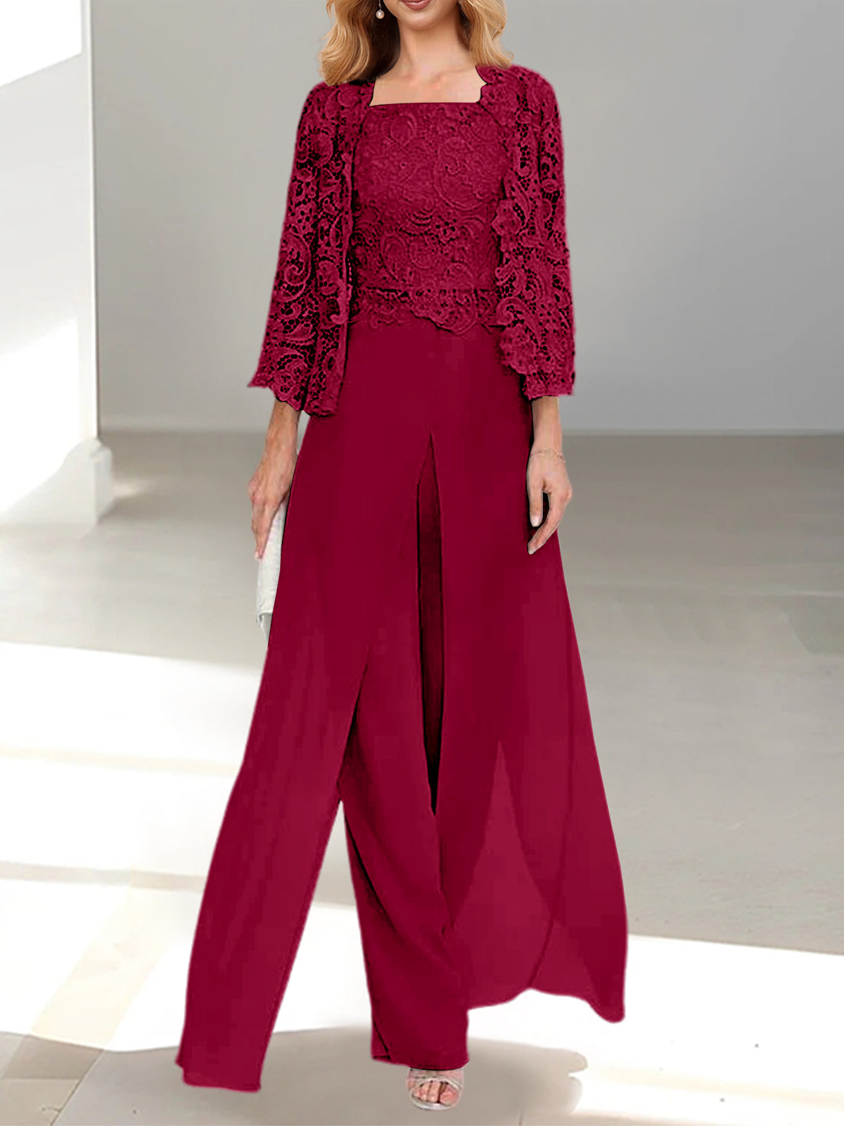 Floor-Length Square Neck Chiffon Mother of the Bride Pantsuit with Jacket & Side Split