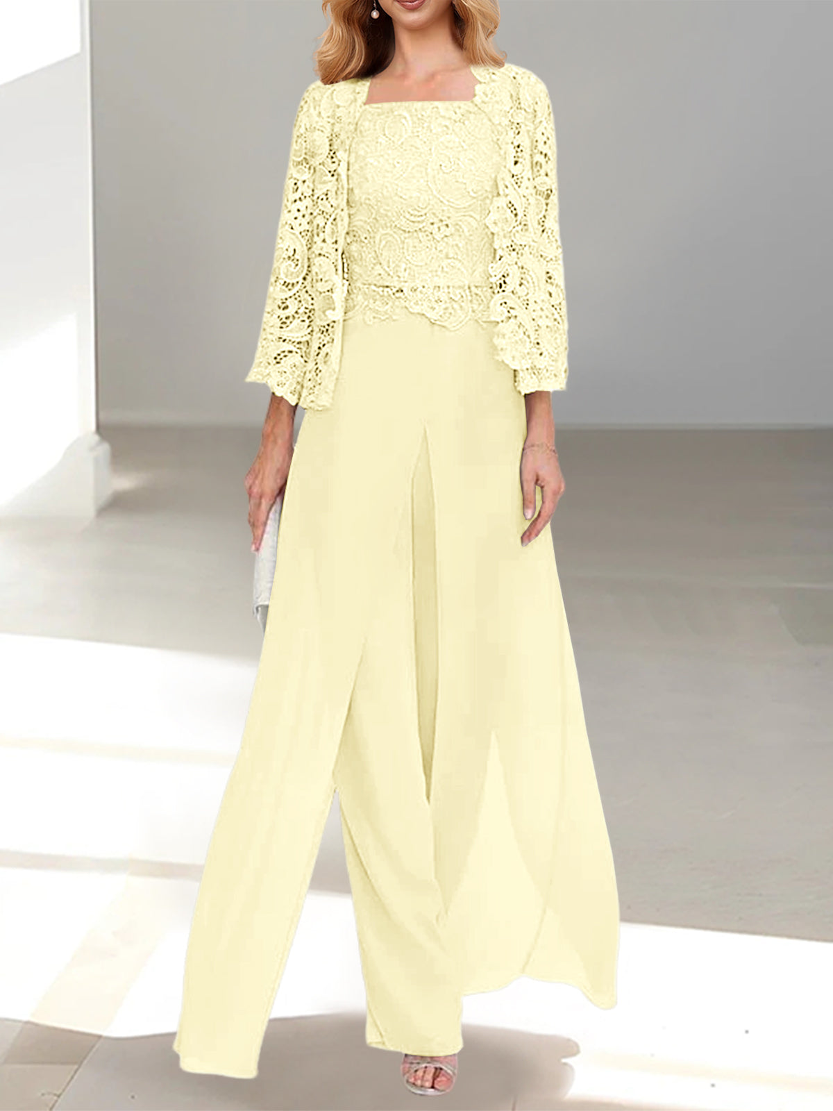 Floor-Length Square Neck Chiffon Mother of the Bride Pantsuit with Jacket & Side Split