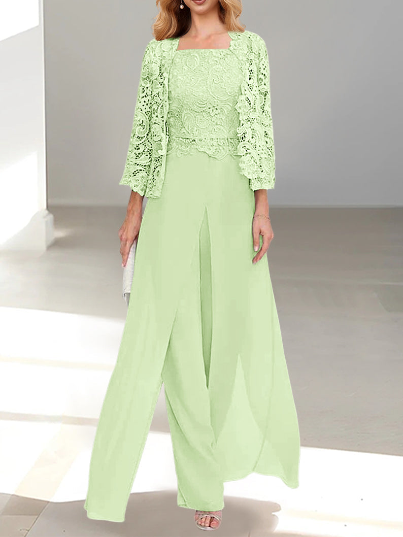 Floor-Length Square Neck Chiffon Mother of the Bride Pantsuit with Jacket & Side Split